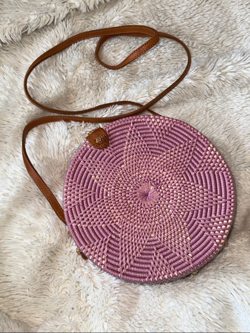Woven Round Crossbody Bag in Pink with Brown Strap